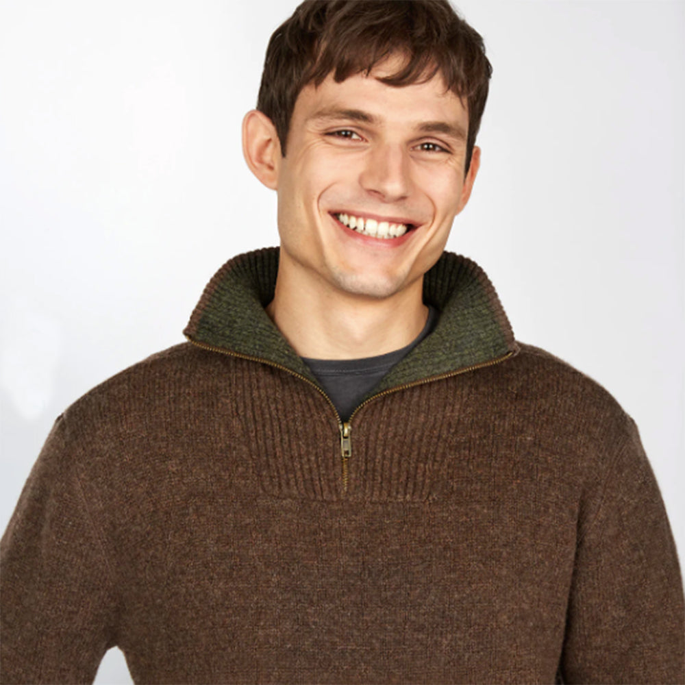 Man wearing earth brown half-zip sweater from Ireland's Eye Knitwear