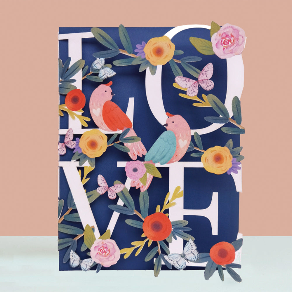 IDH Love card with birds, flowers, and butterflies.