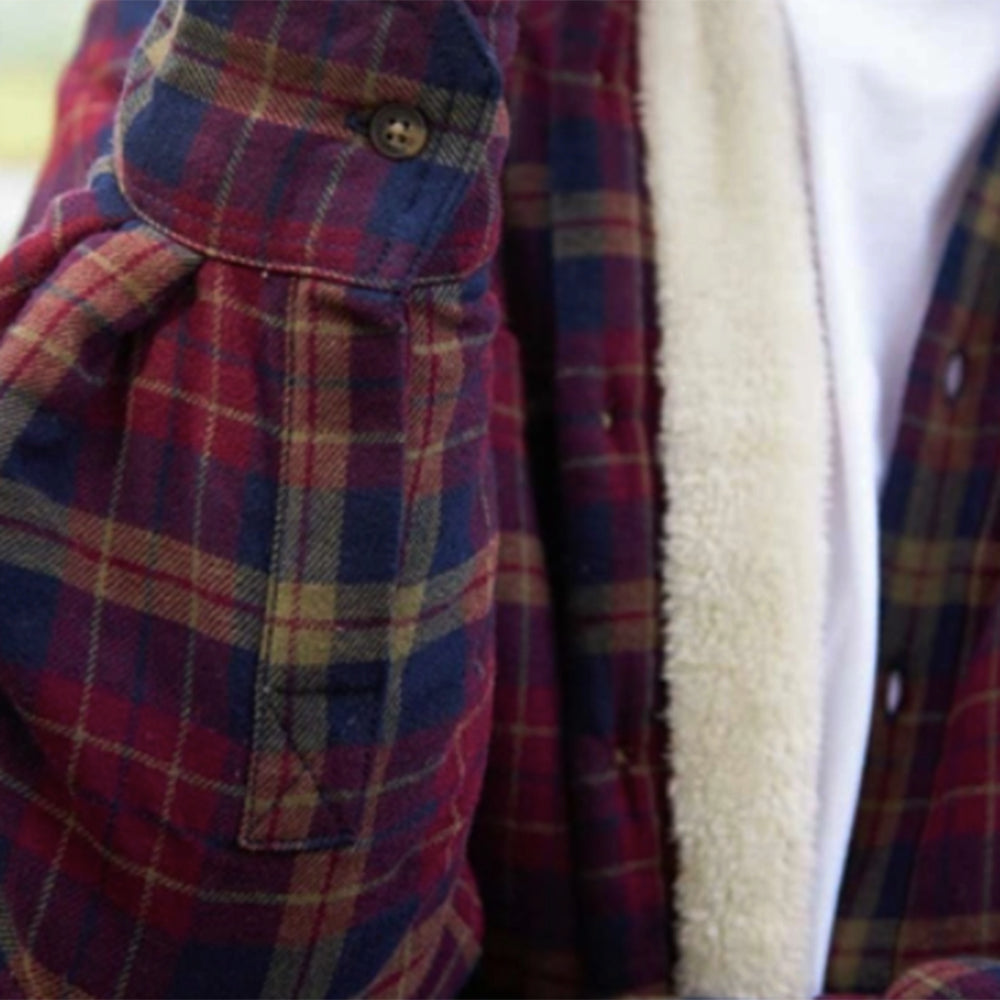 fleece lined maroon and navy check shirt