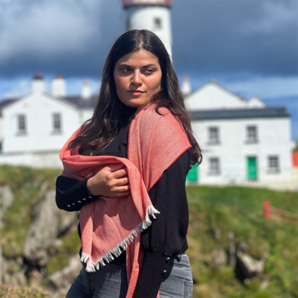 Woman wearing Merino Cashmere shawl by lighthouse