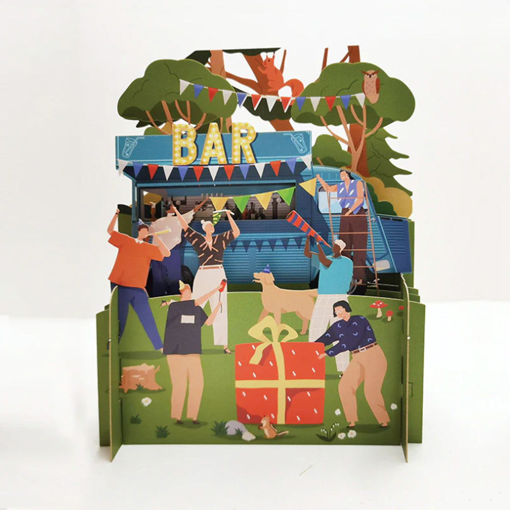 Pop-up card scene with bar and partygoers
