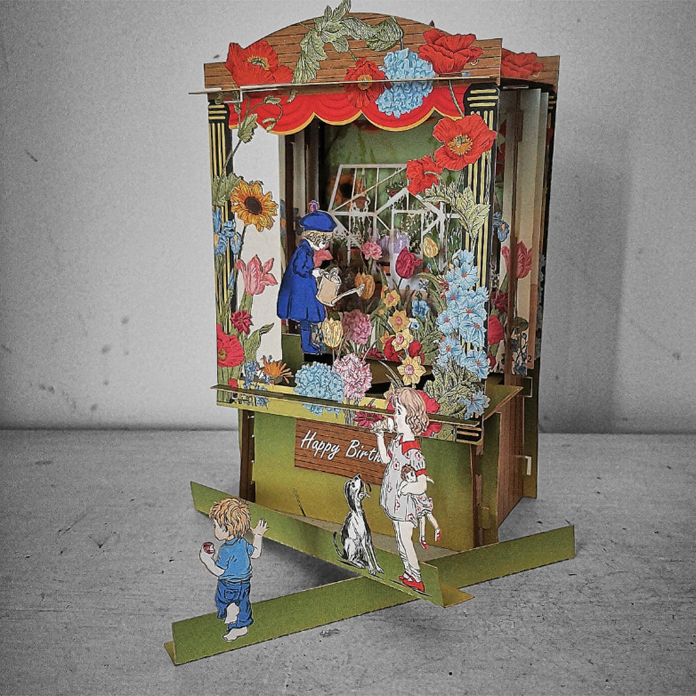 3D floral birthday card with children and dog