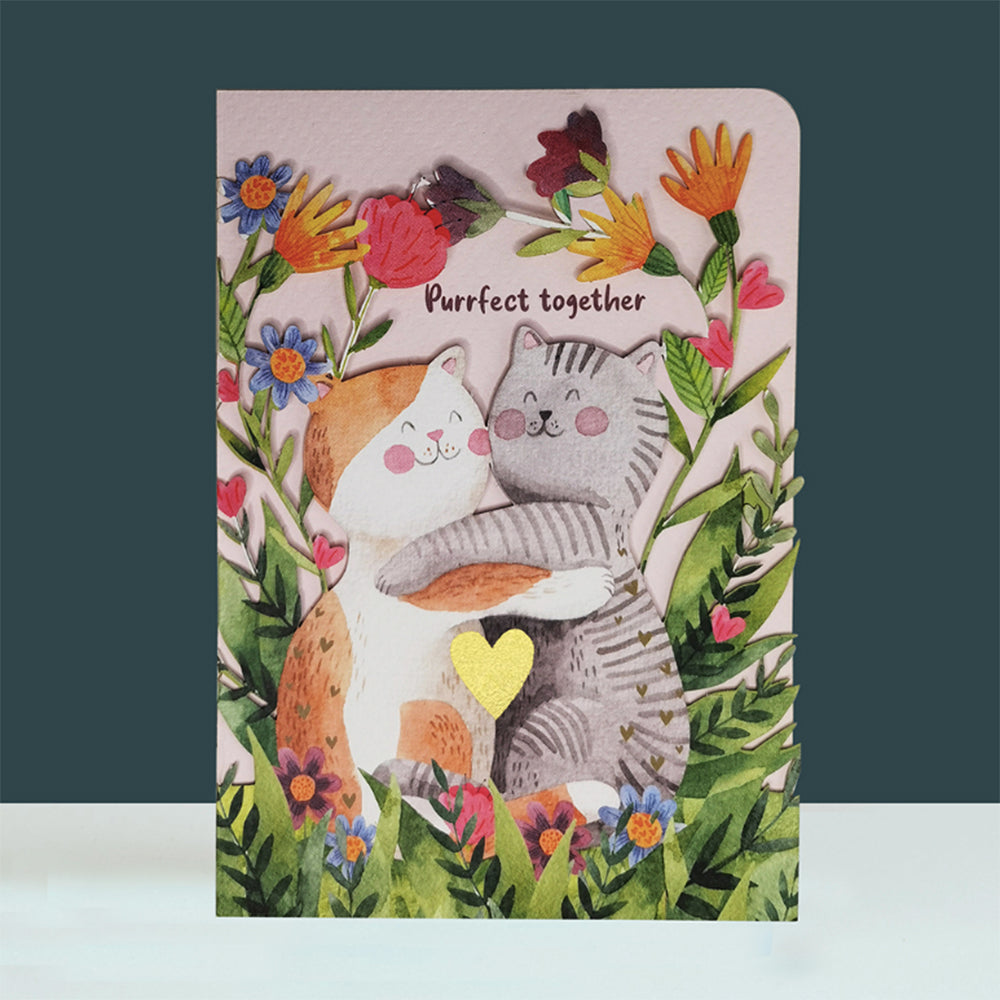 Purrfect Together card with hugging cats and flowers