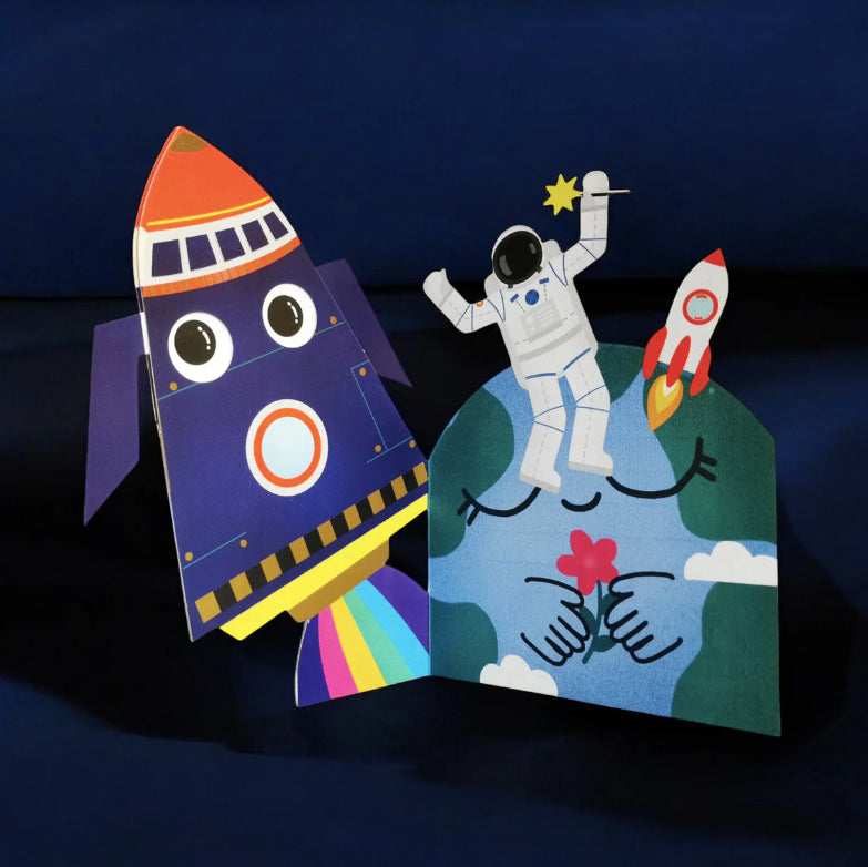 Alljoy space-themed card with rocket, astronaut, and Earth