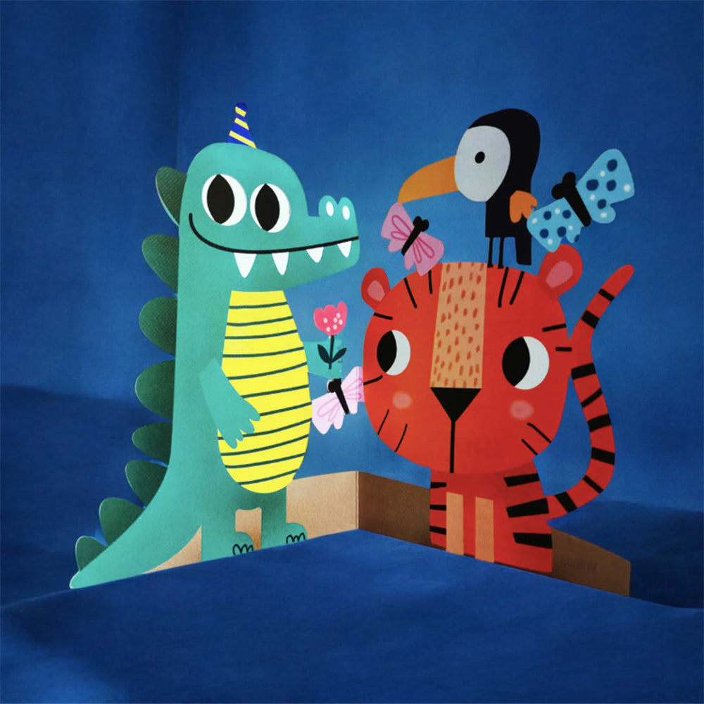Cartoon dragon, tiger, and bird with flowers