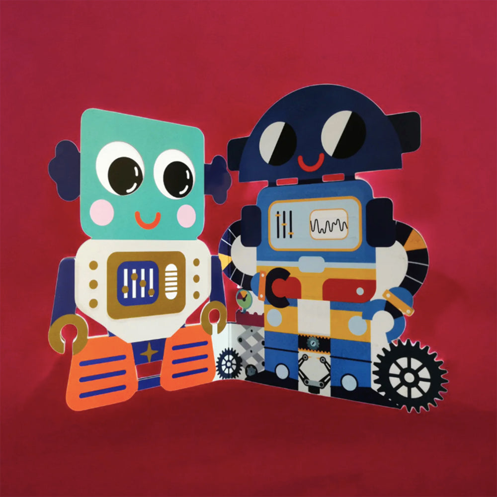 Two friendly robots saying hi