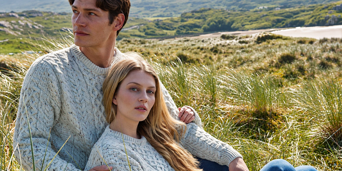 A man and a woman sitting together in tall beach grass, both wearing chunky cream cable-knit sweaters, with a dune landscape in the background.