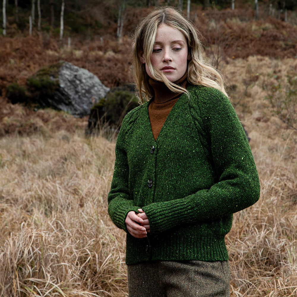 Raglan Cardigan With Cable Detailing in Shamrock