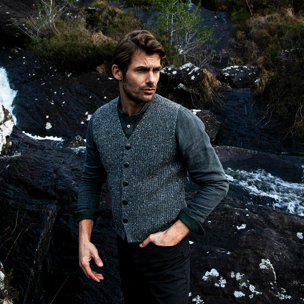 Ribbed Button Waistcoat In Steel Wool