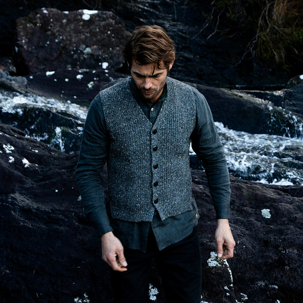 Ribbed Button Waistcoat In Steel Wool