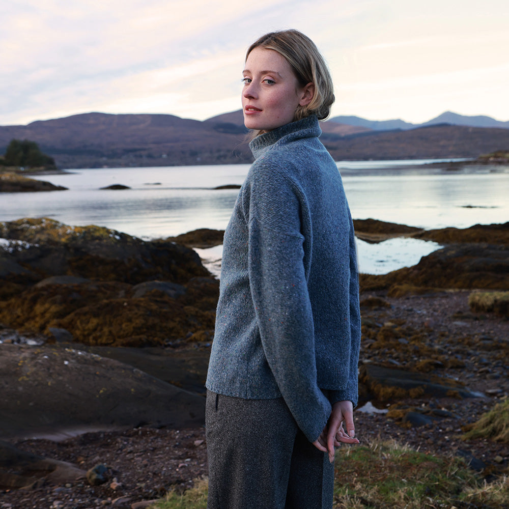 Slouchy Funnel Neck Jumper in Blue Smoke