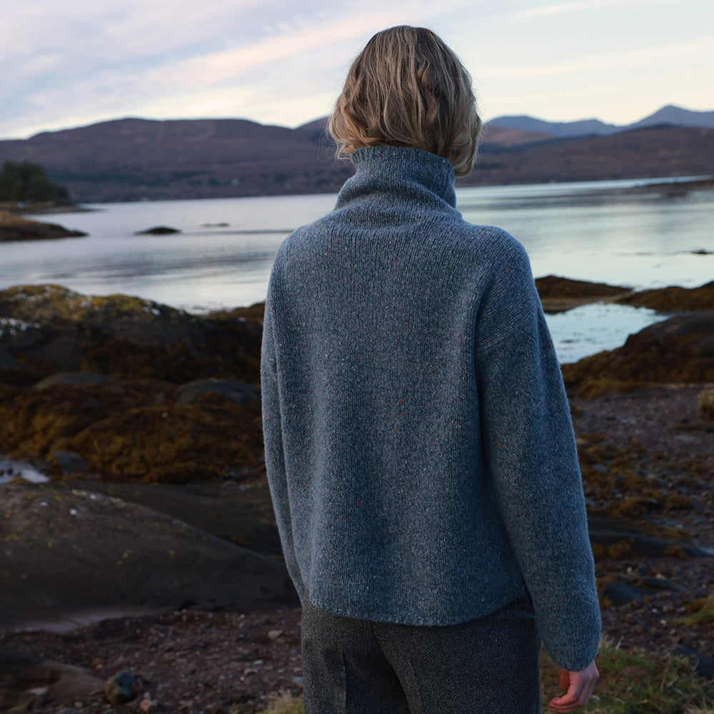 Slouchy Funnel Neck Jumper in Blue Smoke