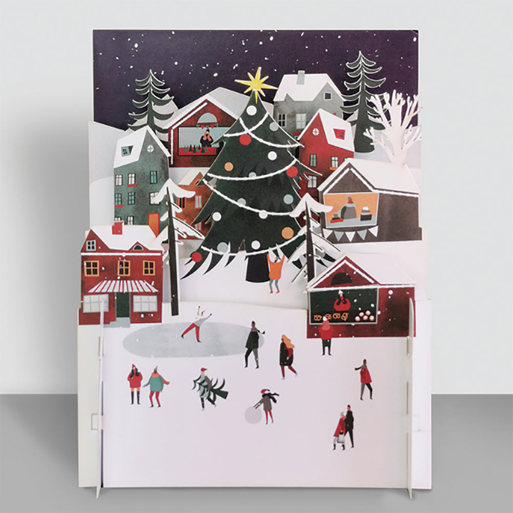 Christmas Card With Tree And People Skating