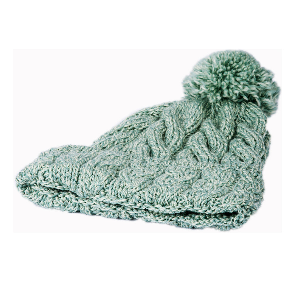Aqua cable knit hat with pompom