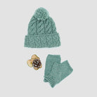 Aqua Cable Knit Hat with Pom Pom and matching hand warmers