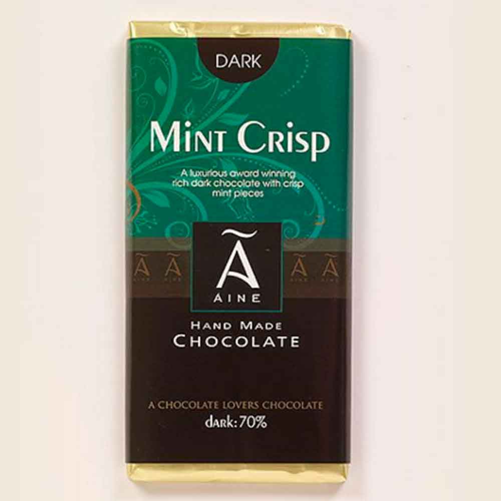 Dark chocolate bar with mint crisp label.