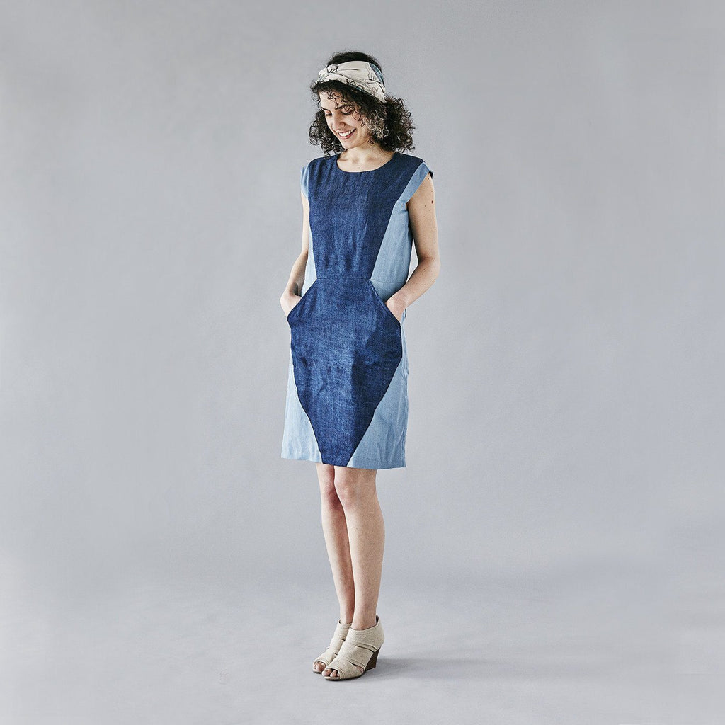 100% cotton geometric blue denim dress