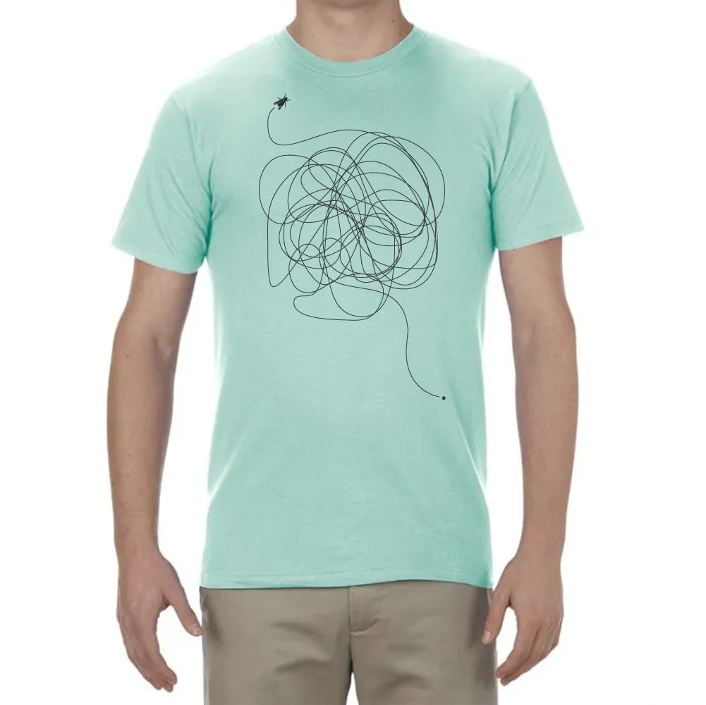 Seafoam green T-shirt with fly design.