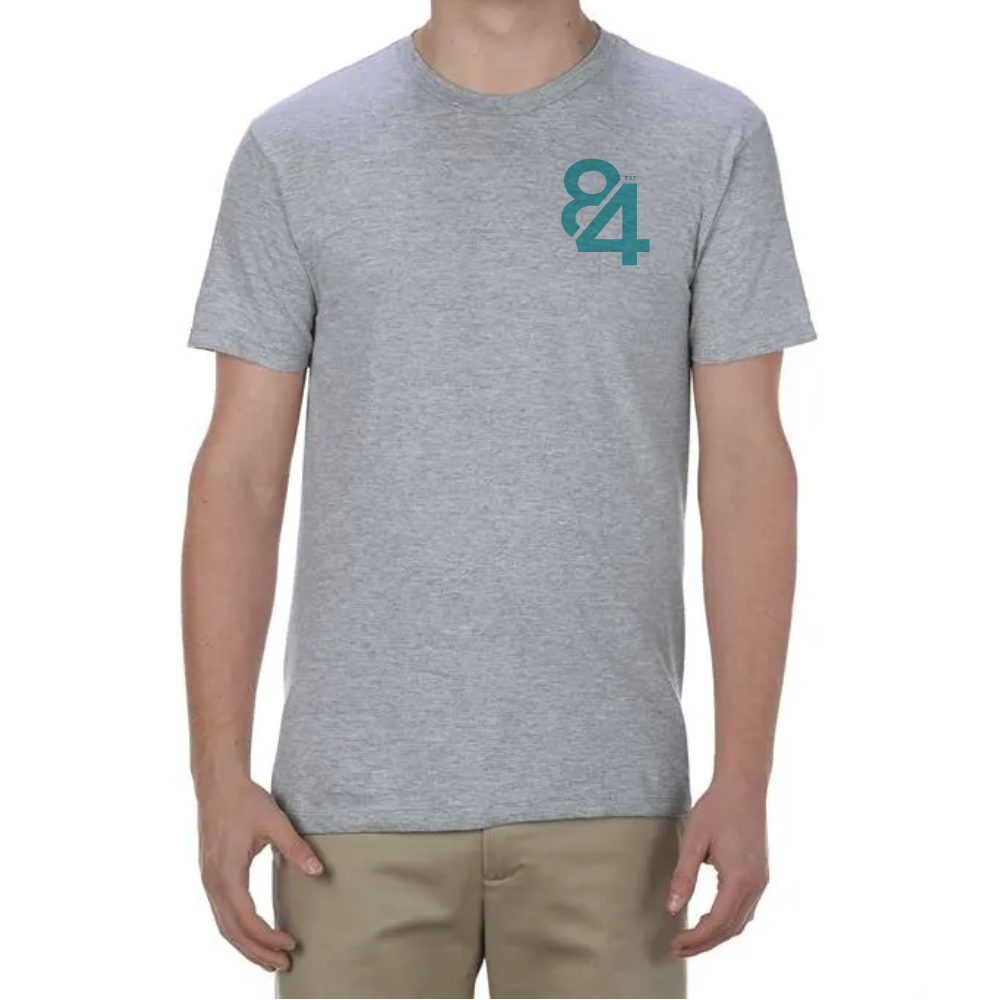 Grey T-shirt with teal 84 logo