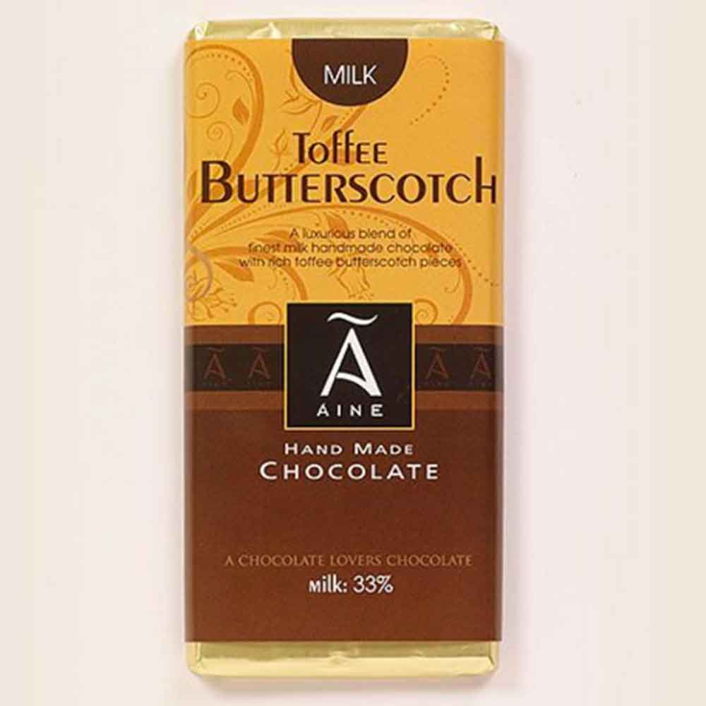 Chocolate bar labeled Toffee Butterscotch.