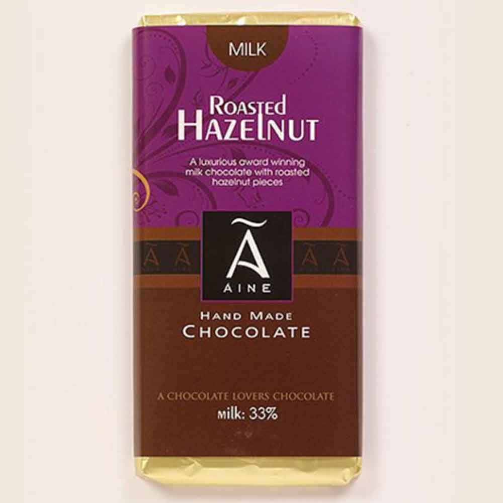 Chocolate bar with roasted hazelnut label.