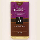 Chocolate bar with roasted hazelnut label.