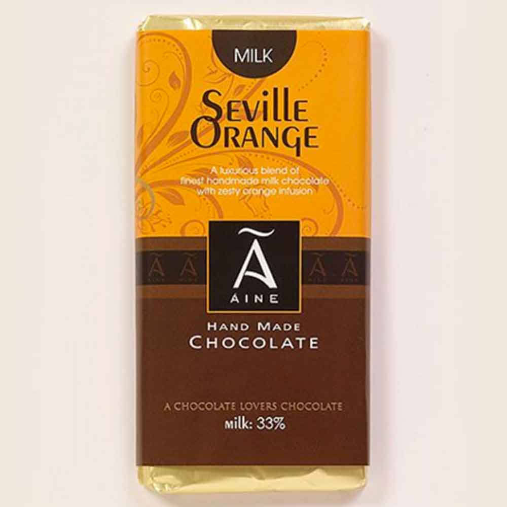 Chocolate bar with orange and brown label.