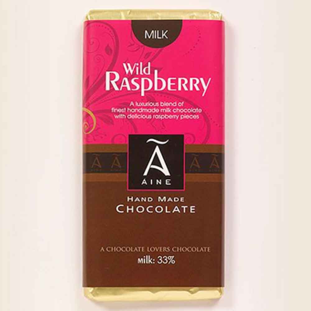 Chocolate bar with pink and brown wrapper.