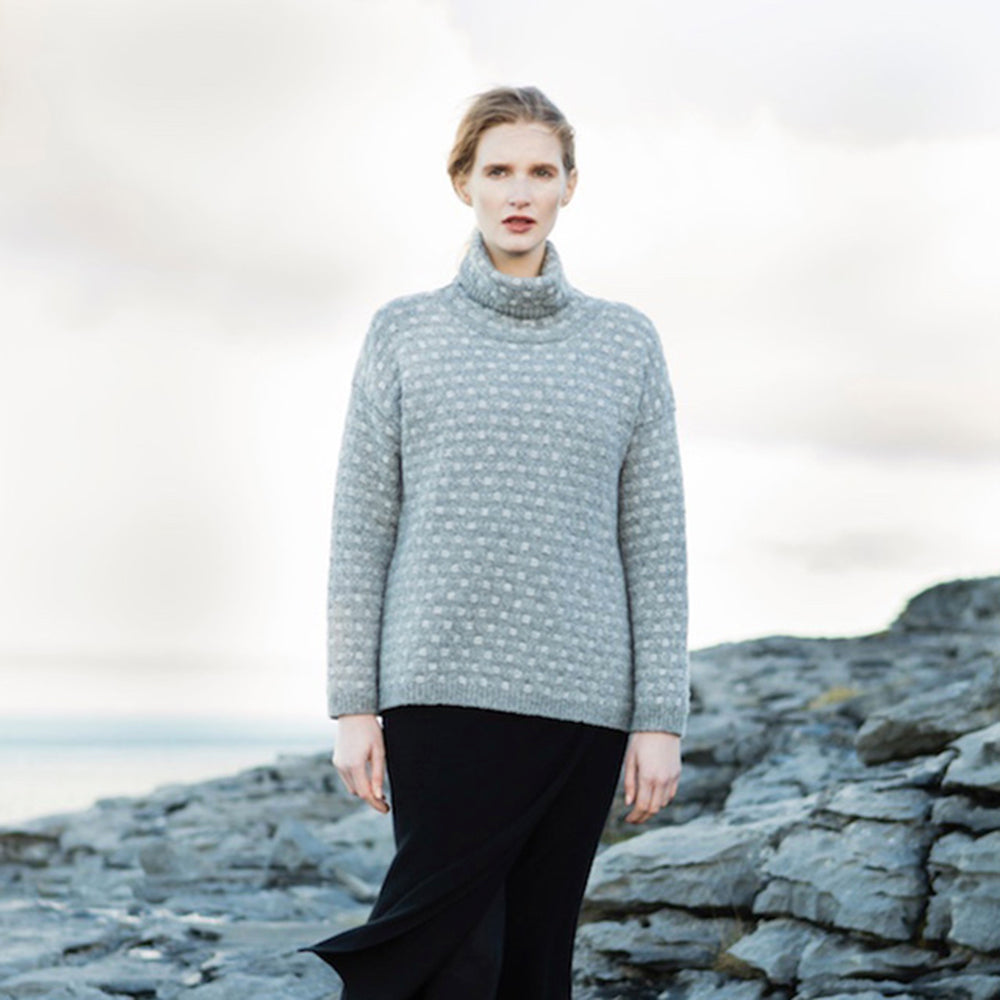 Slouchy Irish Knit Turtle-Neck Sweater - Woven Design