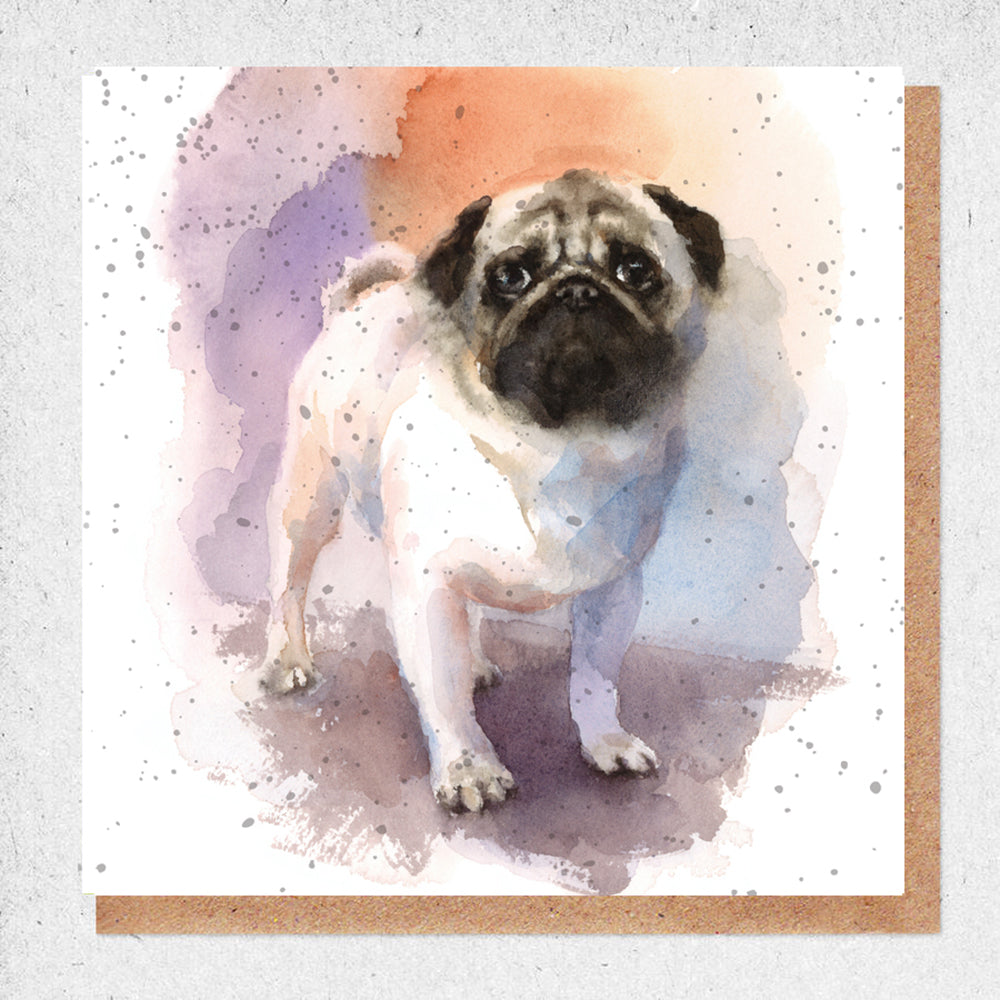 Watercolor pug on square card.