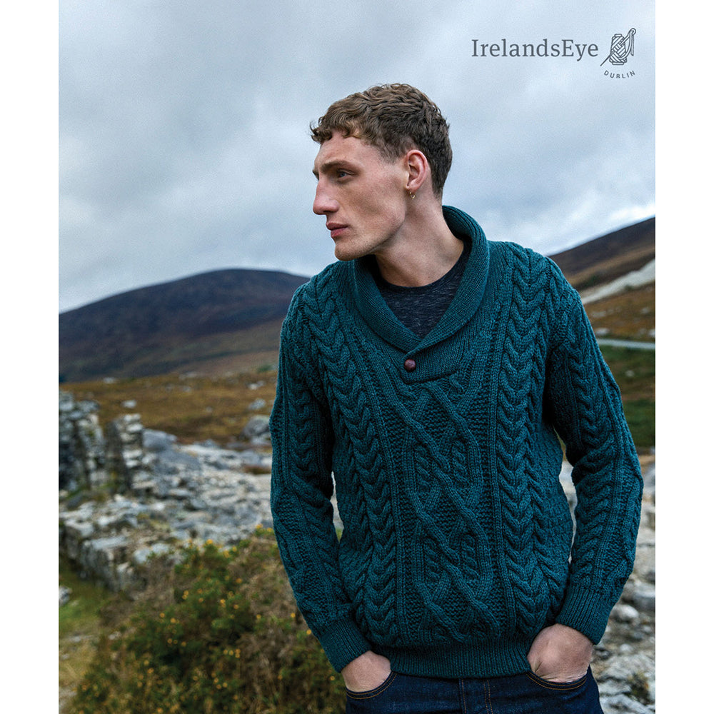 aran shawl collar sweater in evergreen