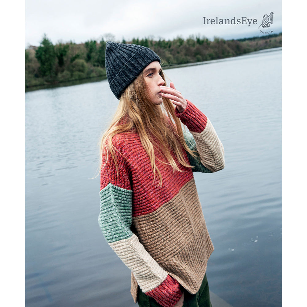 Irish wool colour block, funnel neck sweater.