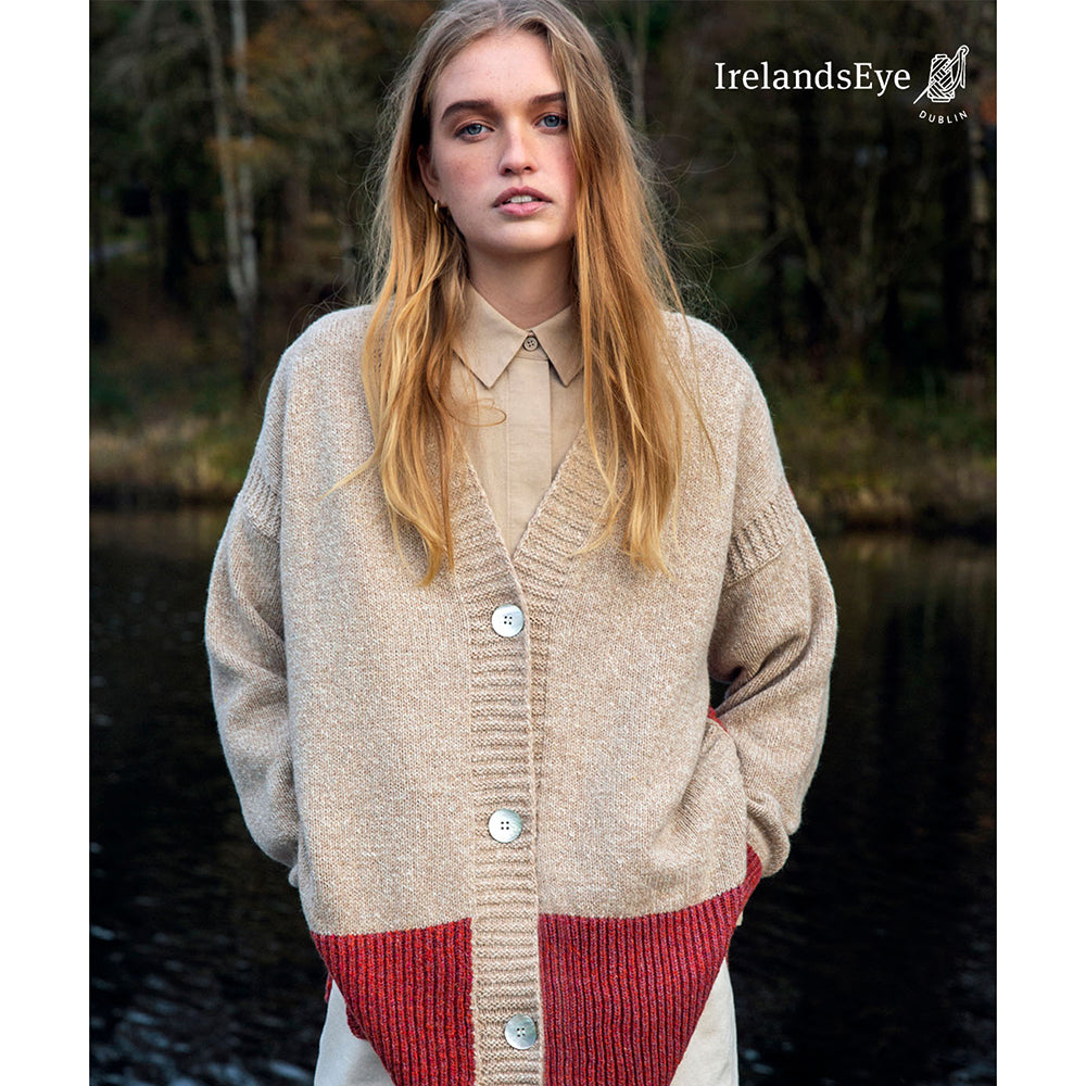 Irish Wool Button Up Colour Contrast Cardigan in Beige and Red