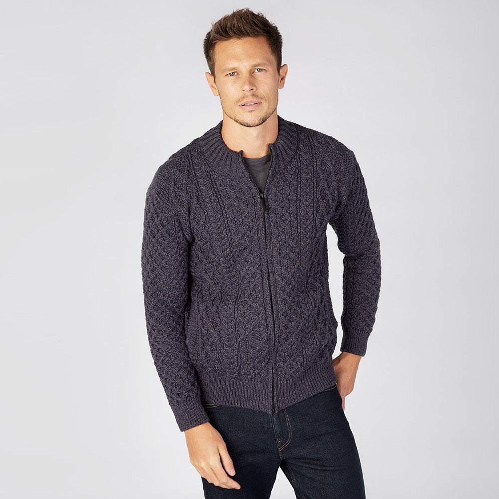 Mens Full Zip Irish Wool Cable Knit Cardigan