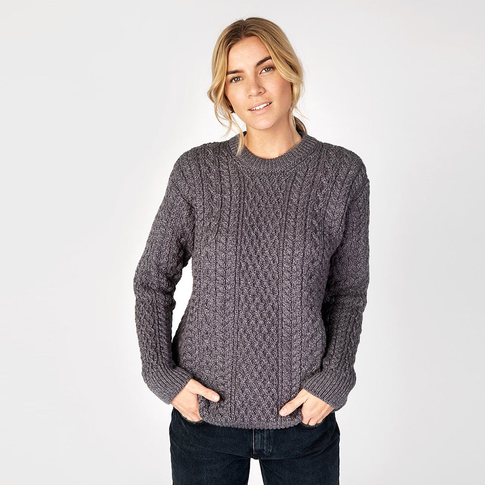 unisex aran crew neck sweater in steel marl colour