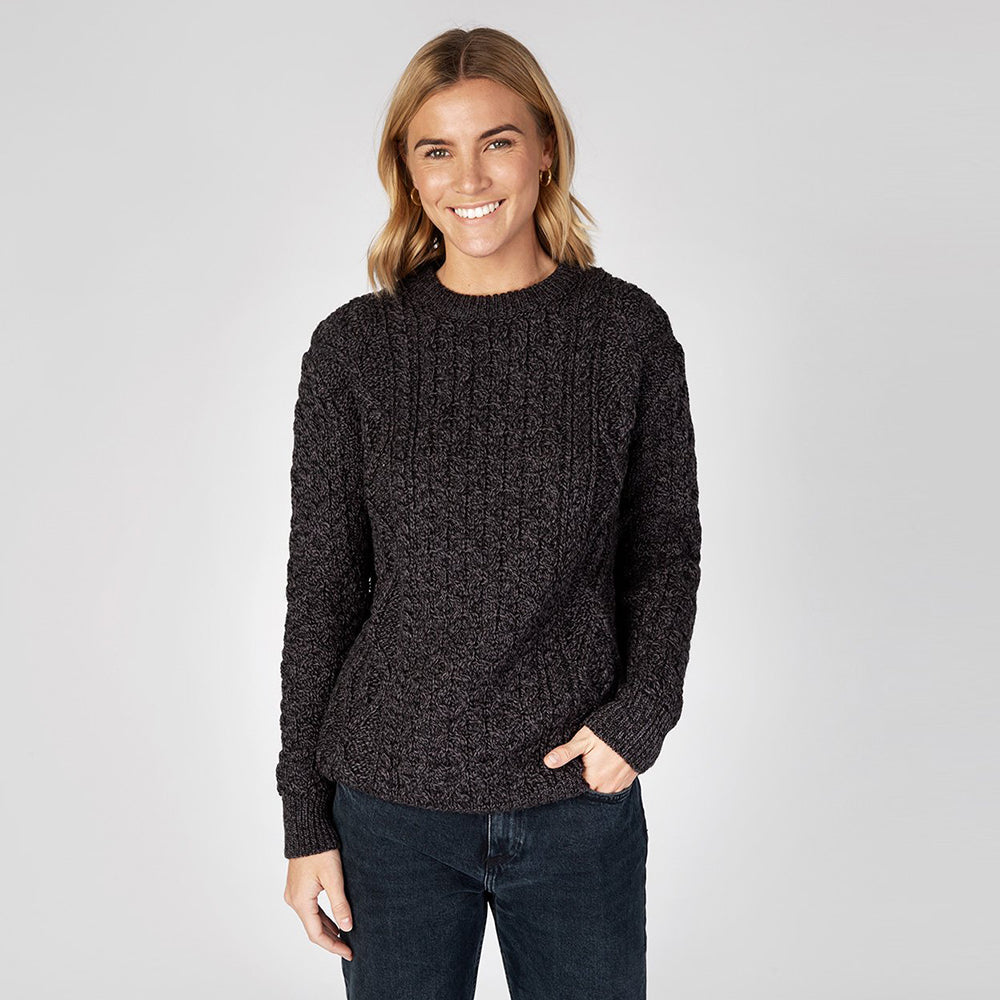 ladies aran crew neck sweater in anthrocite colour