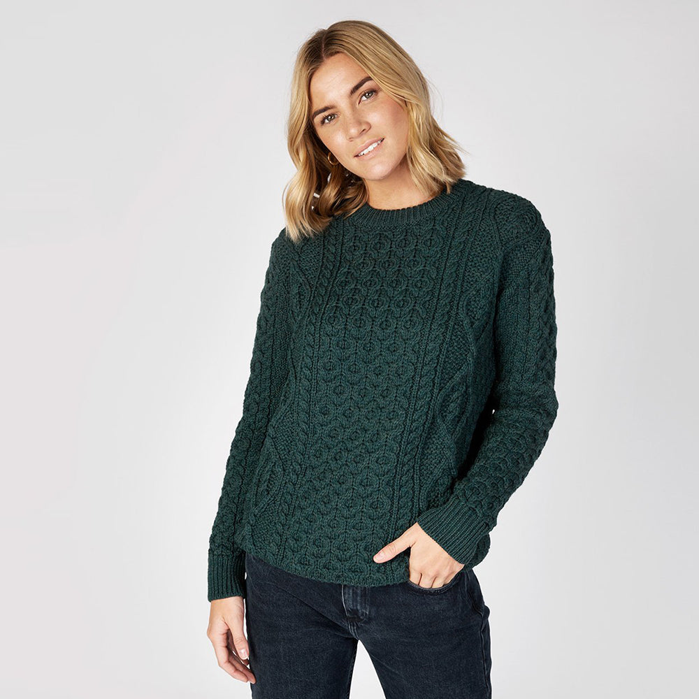 ladies aran crew neck sweater in evergreen colour