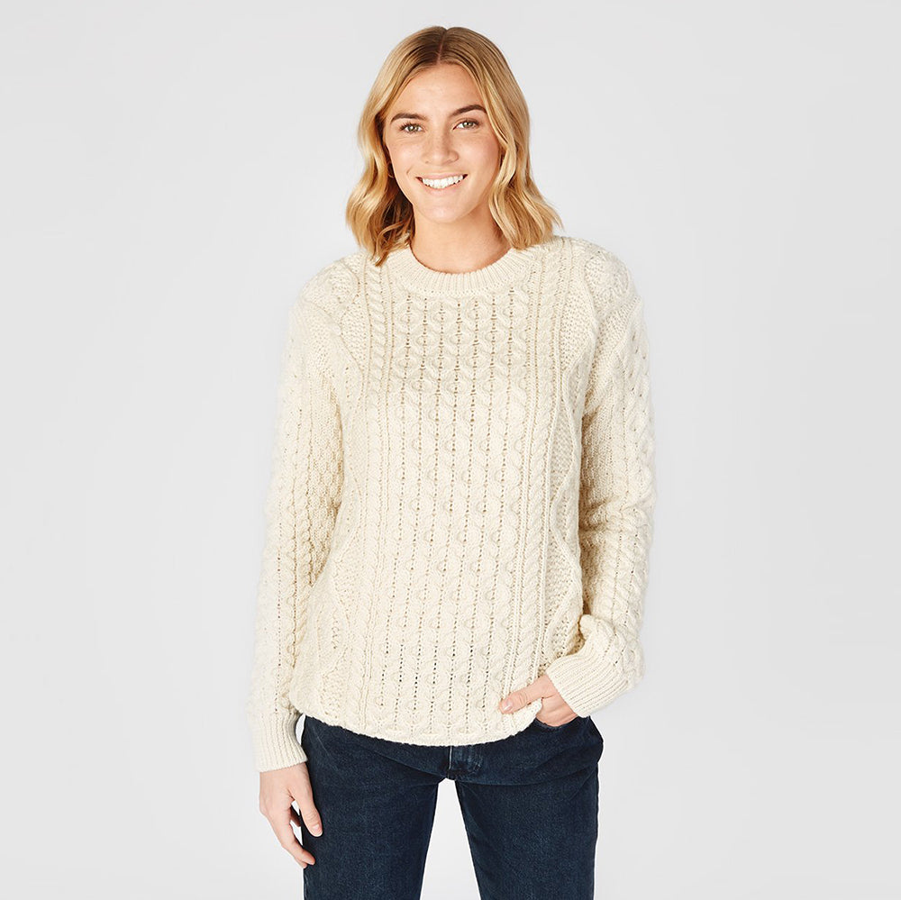 ladies aran crew neck sweater in natural colour