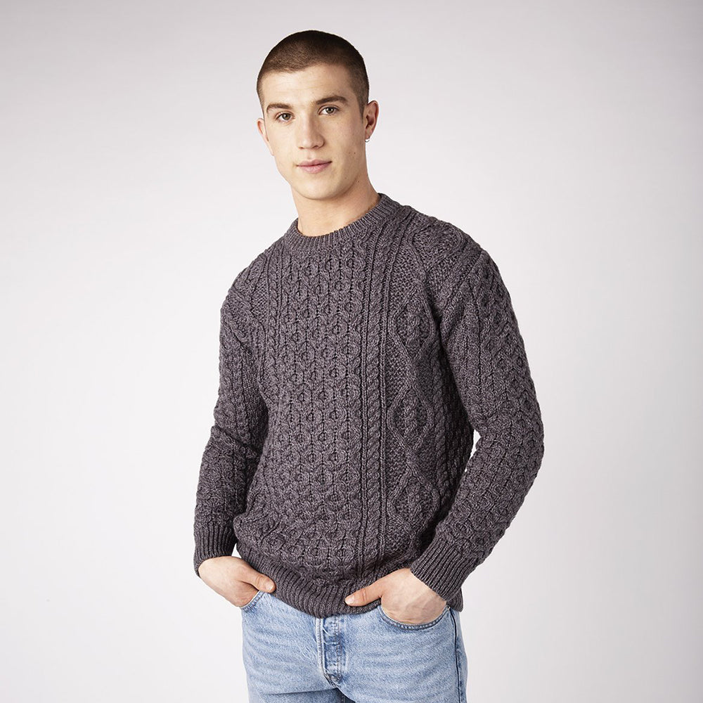 aran crew neck sweater in colour steel marl