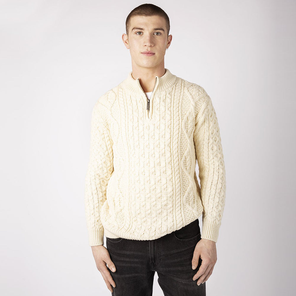 aran zip neck sweater in colour natural