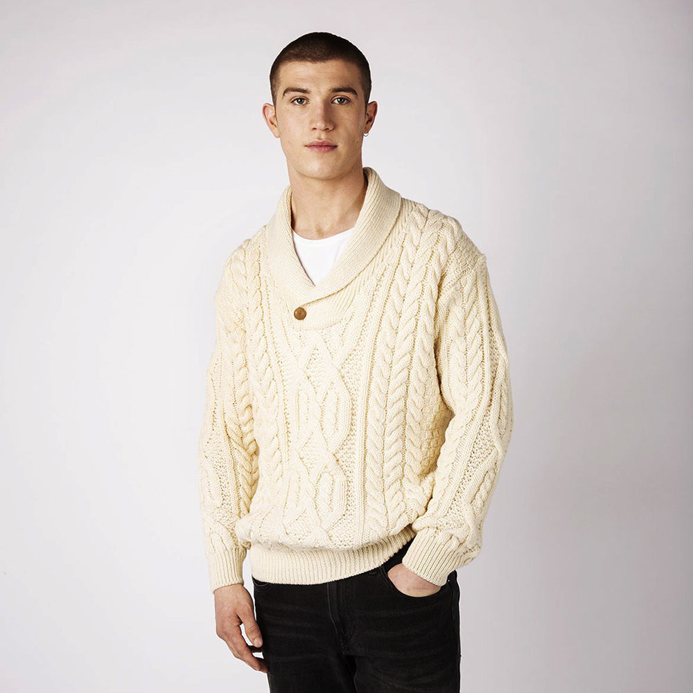 aran shawl collar sweater in colour naturakl