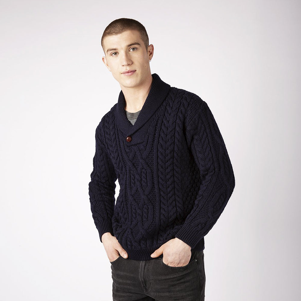 aran shawl collar sweater in colour navy