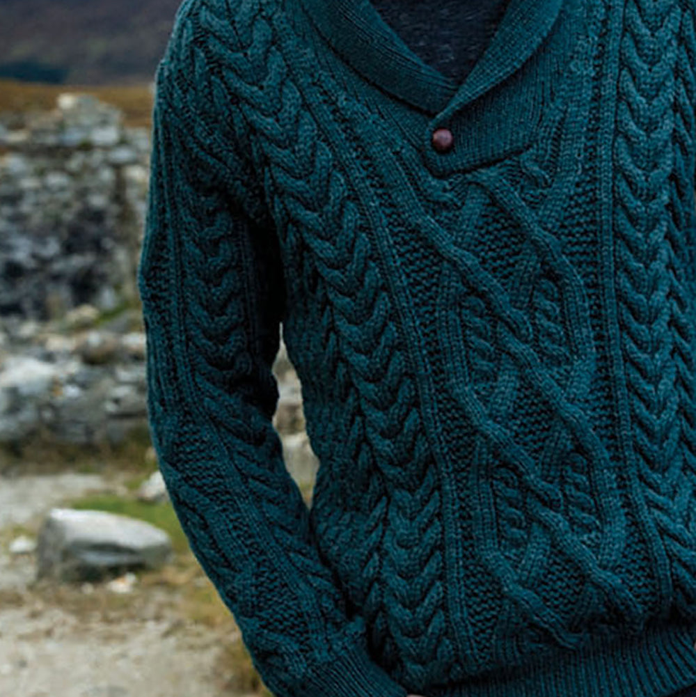 aran shawl collar sweater in evergreen