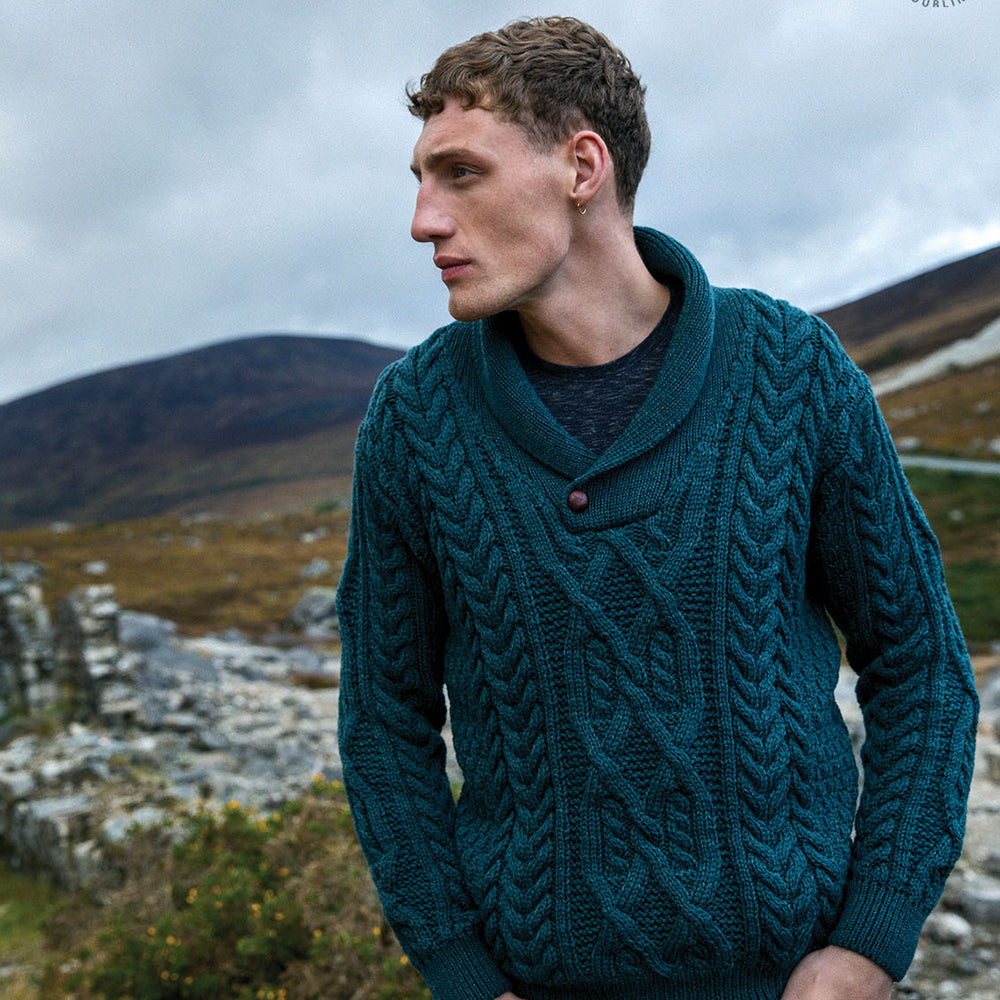aran shawl collar sweater in evergreen