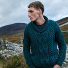 aran shawl collar sweater in evergreen