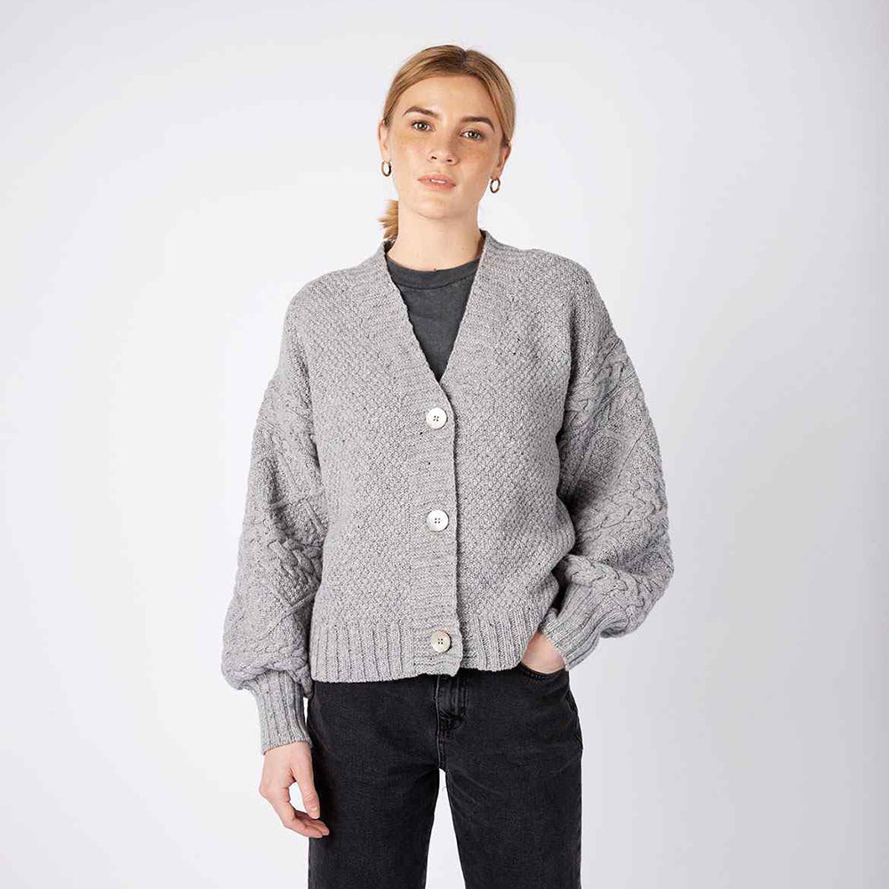 Irish Wool Button Cardigan with Cable Knit Sleeves.