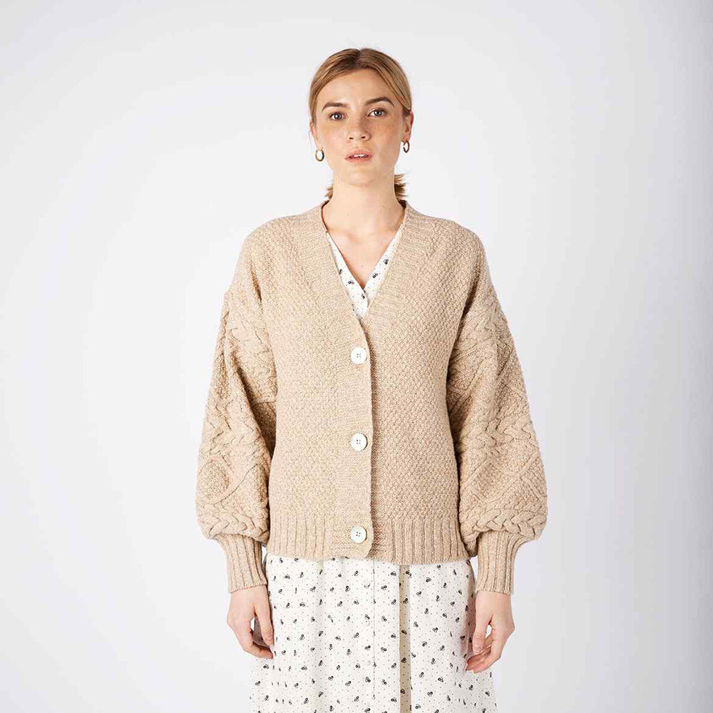 Irish Wool Button Cardigan with Cable Knit Sleeves.