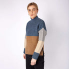 irish wool, funnel neck, colour block sweater in seaspray biscuit