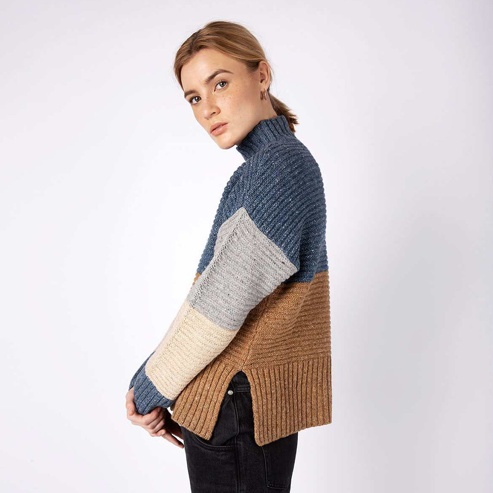 Iris Colour Block Funnel Neck Irish Wool Sweater X Large Seaspray Biscuit