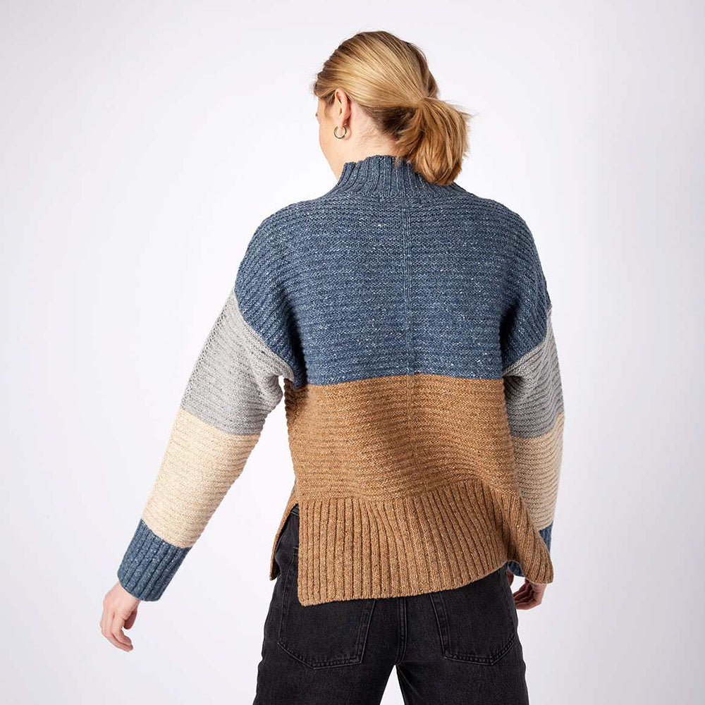 irish wool, funnel neck, colour block sweater in seaspray biscuit